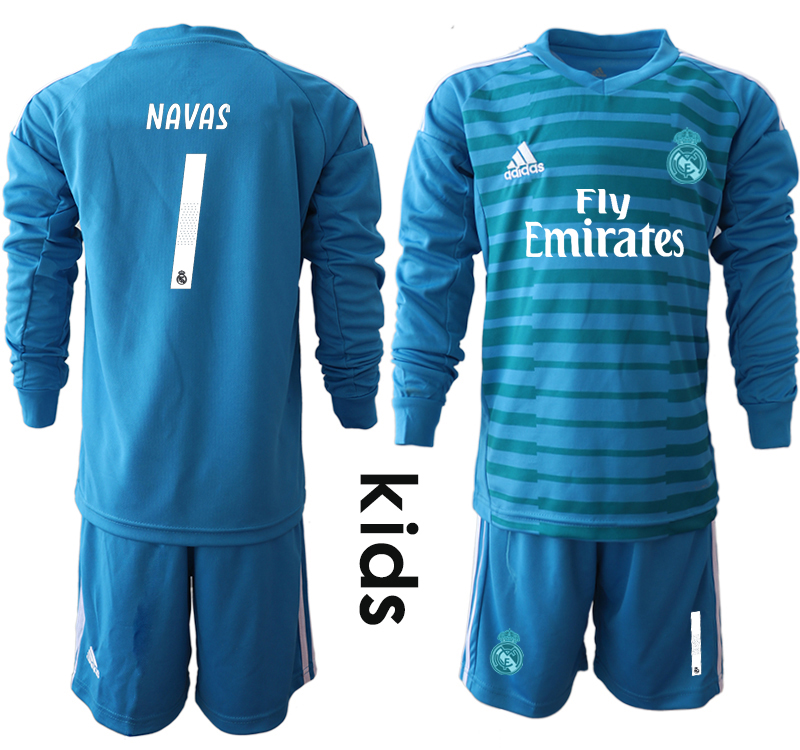 2018-19 Real Madrid 1 NAVAS Blue Youth Long Sleeve Goalkeeper Soccer Jersey (1)